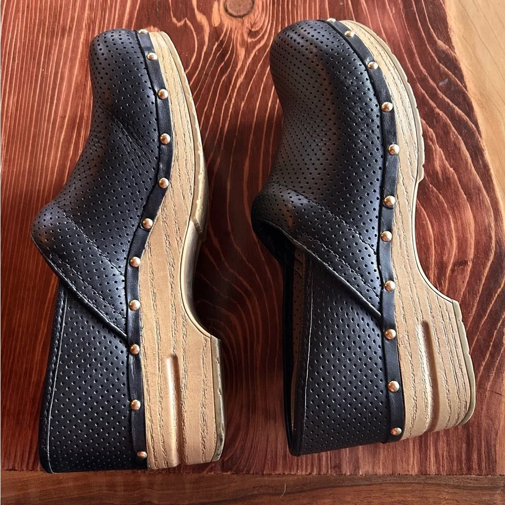Dansko Black Perforated Clogs with Tan Sole - Picture 8 of 14
